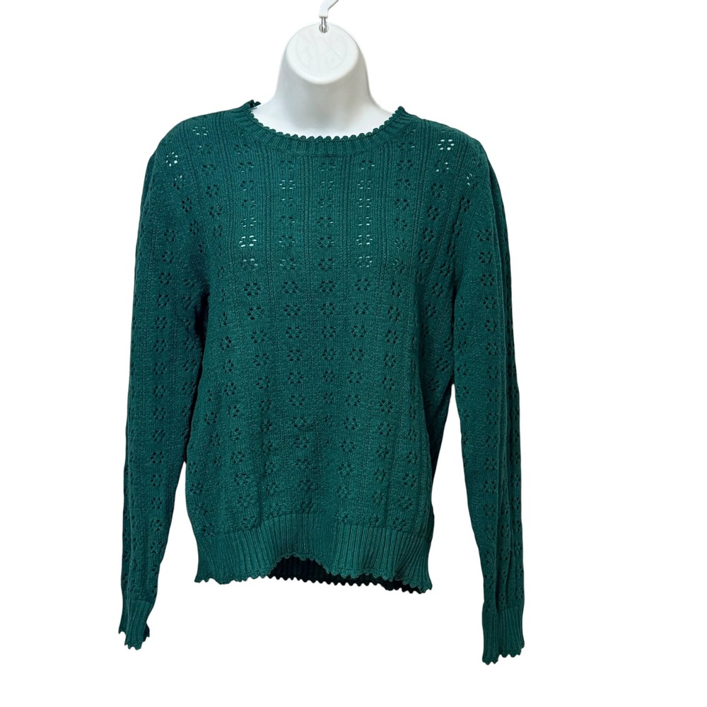 Ann Taylor Emerald Green Pointelle Scallop Trim Crew Neck Sweater 851952 Medium - Picture 2 of 8